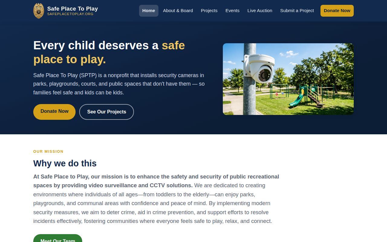 Homepage of safeplacetoplay.org, a nonprofit website designed by Webi